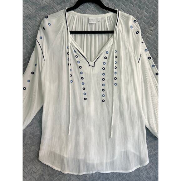 SOHO Peasant Blouse in White with blue accent Size L Country Boho Hippie Gauze - Picture 1 of 7